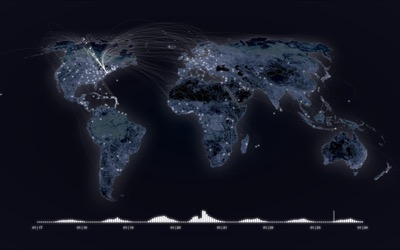 Global map showing international call activity from 138 countries during Obama's inauguration