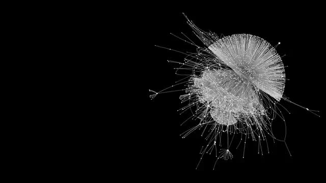 Dynamic data sculpture with flowing particles and network topology